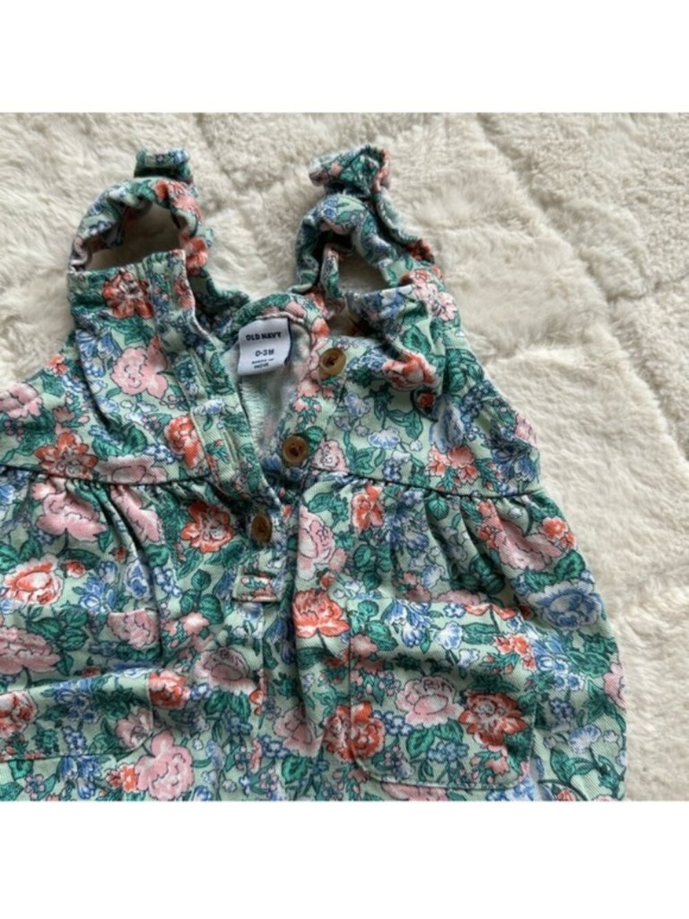 Old Navy | Green and Pink Floral Ruffle Overalls | Size 0-3 Months - Picture 4 of 11